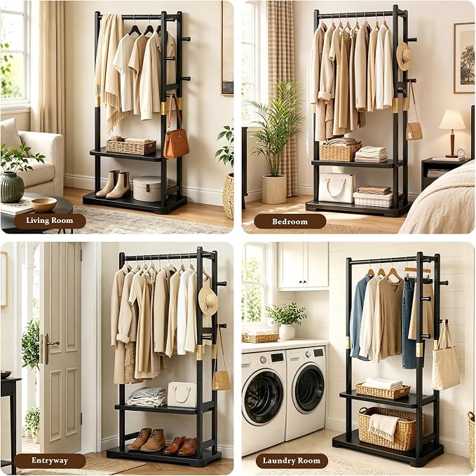 Solid Wood Clothes Rack with 2 Shelves & 4 Hooks for Hanging Clothes Garment Wallets Hats, Black Clothing Rack Heavy Duty Coat Rack Freestanding with Storage Hall Tree for Hallway Bedroom Living Room | Hallway bedroom living room, durable wood construc...