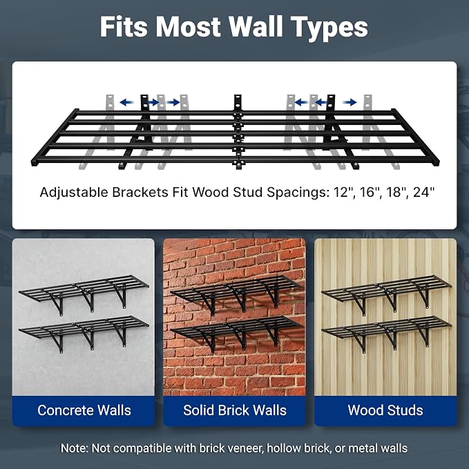 FLEXIMOUNTS 4-Pack 2x6ft Garage Wall Shelving with 8 Hooks, 1200lbs, Black | Heavy Duty Garage Shelving Wall Mounted, Rustproof Finish, Storage for Power Tools, Garden Supplies, Storage Bin, Lite Series