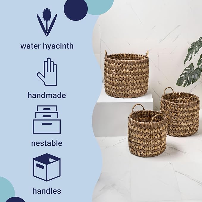 happimess Cassia 3-Piece Handwoven Hyacinth Nesting Baskets, Brown/Natural | Two-Tone Style, Integrated Round Handles, Durable Iron Metal Frame, Coastal Farmhouse Decor, Living Room Storage Containers