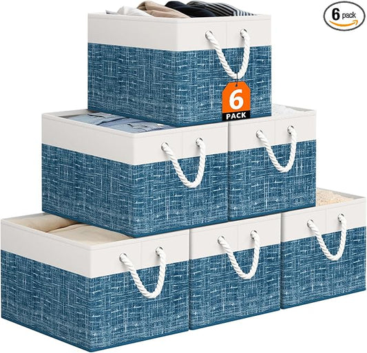StorageTastic Storage Bin,Collapsible Storage Basket For Organizing, | Large Storage Boxes With Rope Handles,Storage Containers,White & Blue,6 Pack