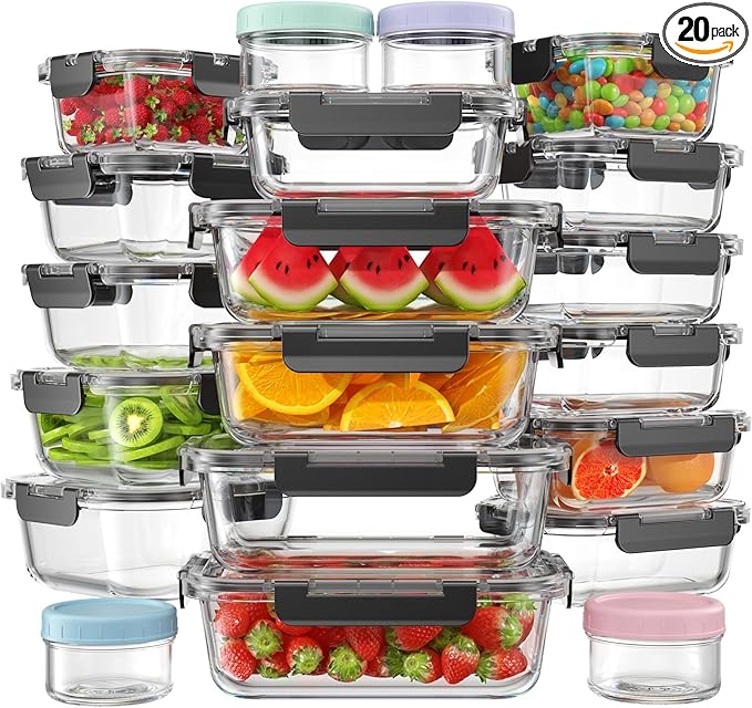 KEMETHY 40 PCS Glass Food Storage Containers with Lids | Borosilicate Glass Meal Prep Containers, BPA-Free, Leak Proof, Reusable, Microwave/Dishwasher Safe, 20 Container & 20 Lid