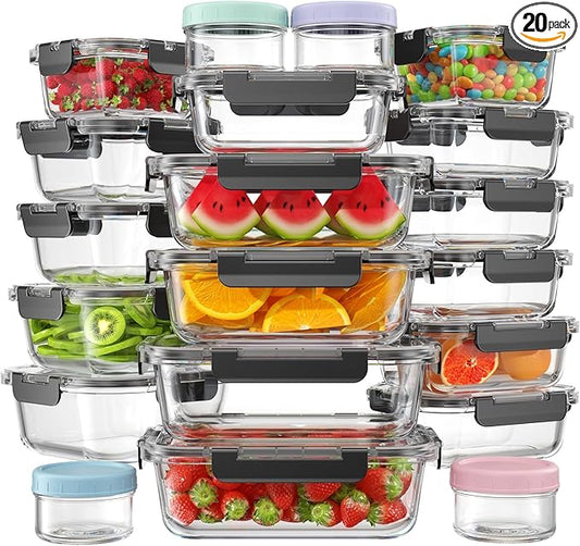 KEMETHY 40 PCS Glass Food Storage Containers with Lids | Borosilicate Glass Meal Prep Containers, BPA-Free, Leak Proof, Reusable, Microwave/Dishwasher Safe, 20 Container & 20 Lid