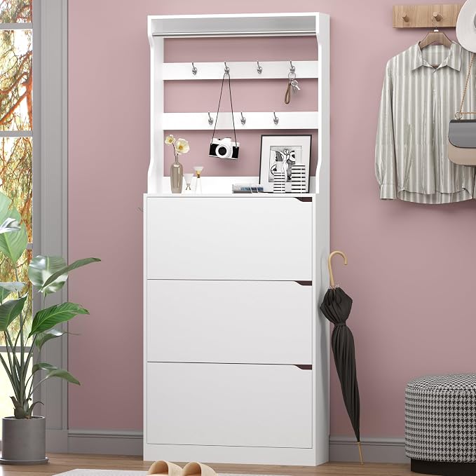 BORNOON Shoe Cabinet with 3 Flip Drawers & Coat Rack, Narrow Hidden Shoe Storage Cabinet, 2-in-1 Hall Tree Slim Freestanding Shoe Rack Organizer for Entryway, Hallway, and Living Room