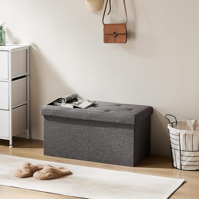 Sweetcrispy 30 Inch Folding Storage Ottoman Bench, Ottoman with Storage | Large Hidden Storage Chest with Padded Seat, Foot Rest Stool, End of Bed Bench for Bedroom, Living Room, Linen Fabric, Gray