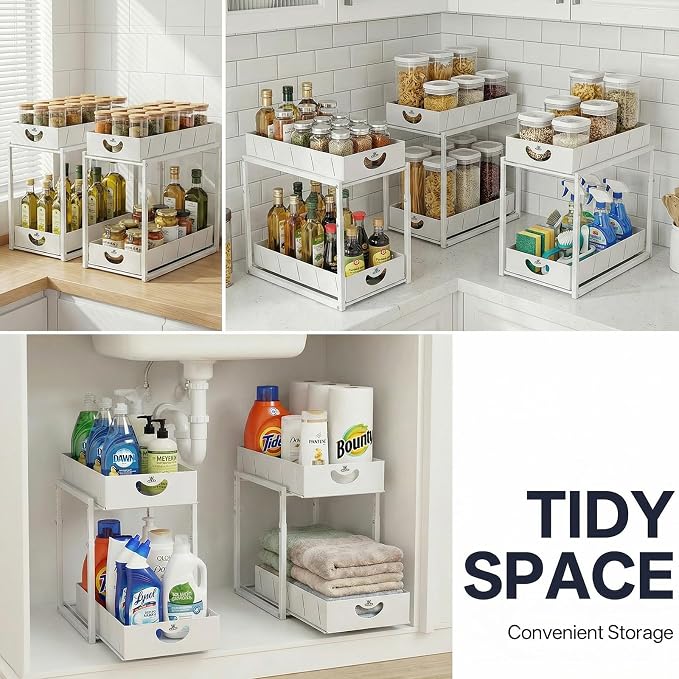 Adjustable Under Sink Organizer, 2 Tier Under Sink Organizers and Storage,Slide Out Metal Cabinet Organizers, Pull Out Cabinet Storage Drawer Shelf for Kitchen Bathroom (1, white)