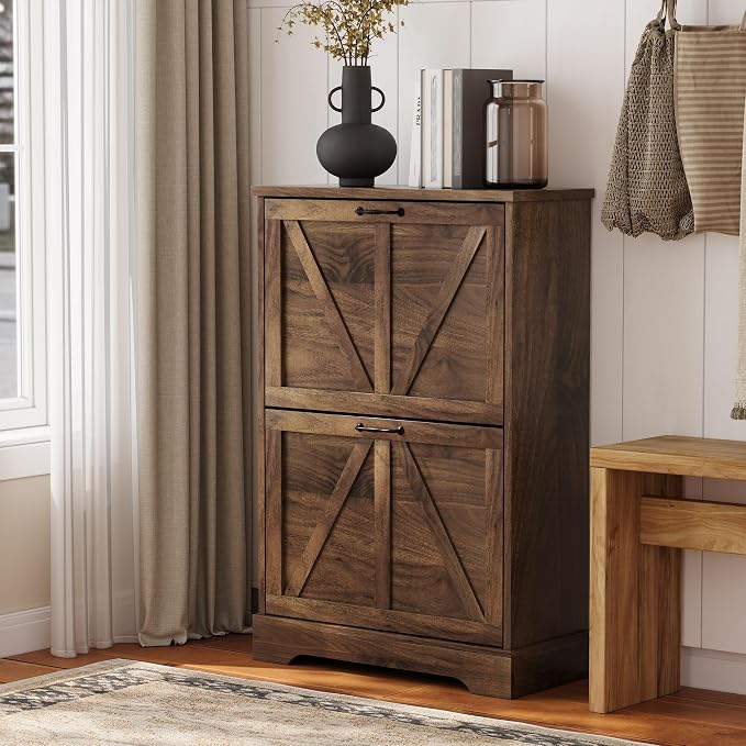 Semiocthome Farmhouse Shoe Storage Cabinet with 2 Flip Drawers, 23.6"(W) Freestanding Shoe Organizer with Barn Door and Metal Handles for Entryway, Corner Rustic Narrow Shoe Rack Cabinet - Walnut