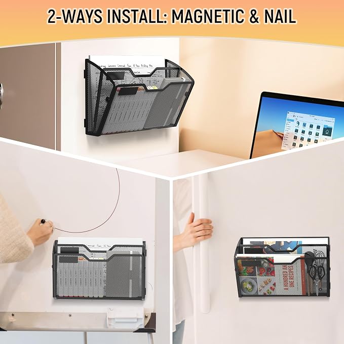Docnest 3 Pack 2 Tier Dual-Mount Magnetic Mesh File Holders, Wall Organizer | Mount magnets or screws. 2-in-1 hanging mesh mail letter organizer with hooks for office and home clutter