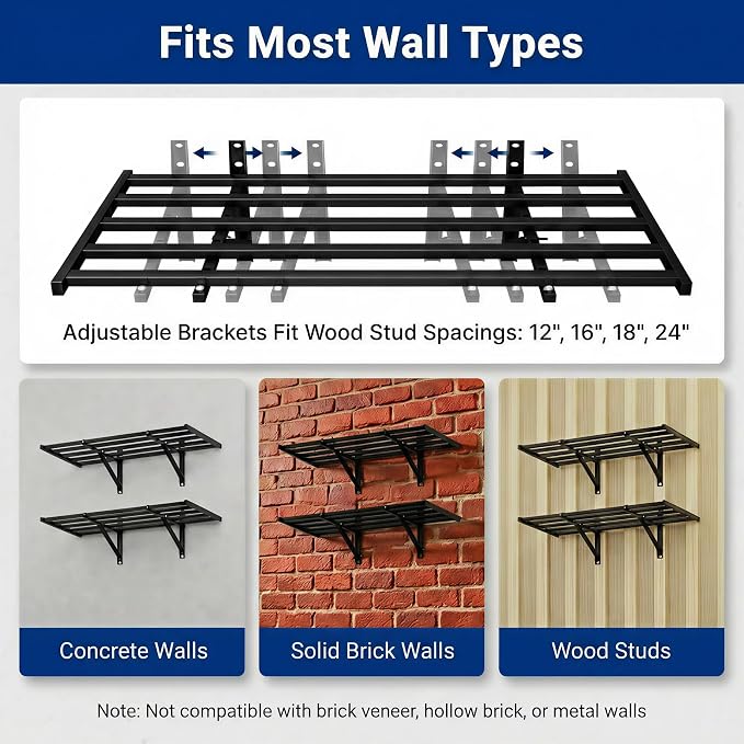 FLEXIMOUNTS 4-Pack 2x4ft Garage Wall Shelving, 8 Hooks, Heavy Duty, Black | Heavy Duty Garage Shelving Wall Mounted, 400lbs Capacity, Storage for Power Tools, Garden Supplies, Storage Bins, Lite Series