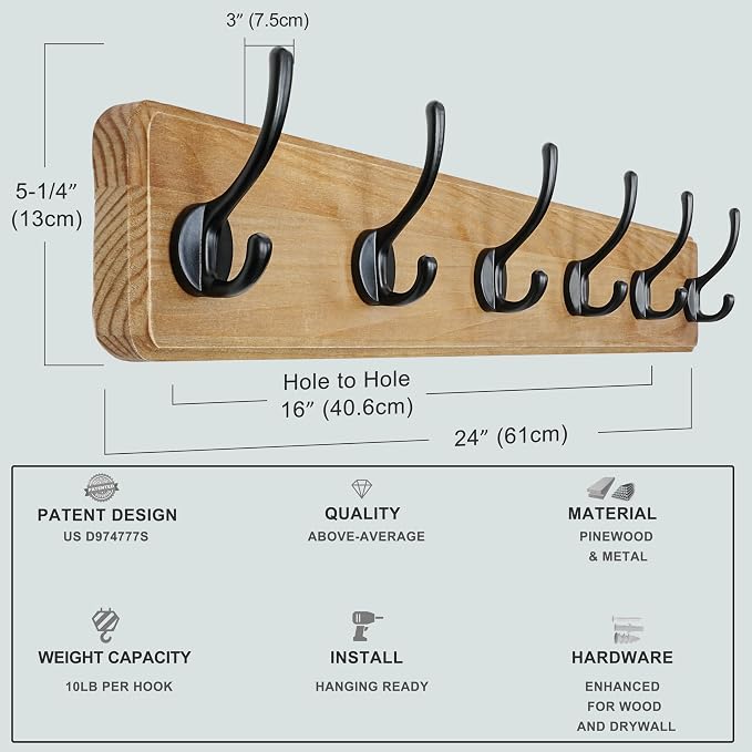 Wall Mounted Coat Rack: 24" Long, Patented, Heavy-Duty, 6-Double-Hooks Wooden Hanger Rail for Winter Coats, Hat, Jacket, Clothing - Weathered Brown, Pack of 2