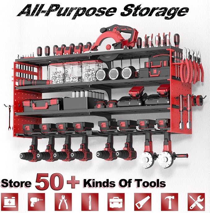 33" Metal Power Tool Organizer Wall Mount,4 Tier,Red | Heavy-Duty Metal,320 LBS Capacity,8 Cordless Drill Holders,Adjustable Hooks,Tool Shelf for Garage Workshop Shed,Pegboard