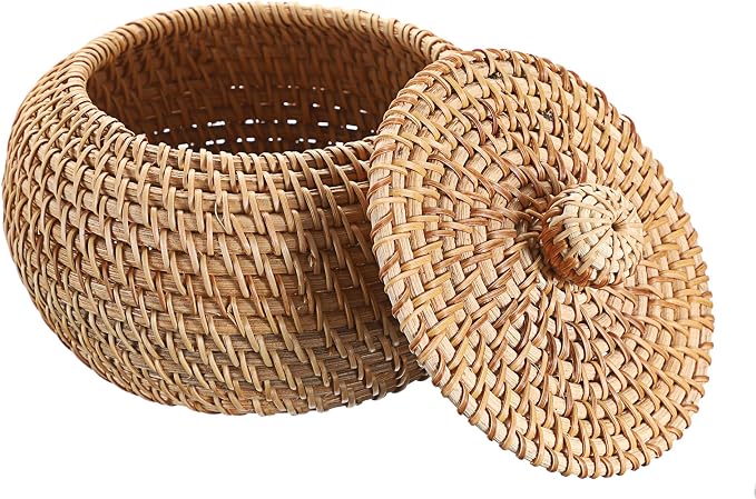 Hipiwe Round Rattan Basket Boxes With Lid Hand-Woven Wicker Storage Baskets Bin Decorative Basket Box Multi-Purpose Picnic Food Bread Basket Small Keys Basket Bowl for Entryway (X-Small,4.7"x3.3")