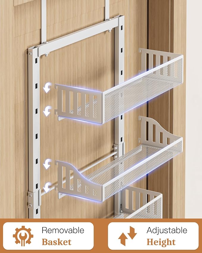 POKIPO Over the Door Pantry Organizer 8-Tier, Large Metal Door Spice Rack with Adjustable Basket, 2 in 1 Wall Mount or Hanging Heavy-Duty Pantry Door Storage Shelf for Kitchen and Bathroom, White