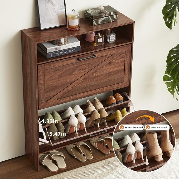 RWYHG Shoe Cabinet Storage for Entryway with 2 Flip Drawers | Open Storage Layer Rack Narrow Organizer Slim Hidden Wood Shoe Cabinet Furniture