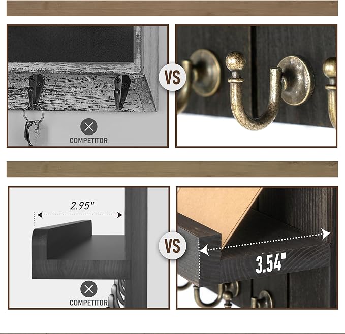 Rebee Vision Key Holder Wall Mount with Shelf for Office, Distressed Black | 3.54'' x 10'' x 7.28'', Pine Wood Construction, Farmhouse Key Holder for Wall, Mail Storage, Compact Space-Saving Design