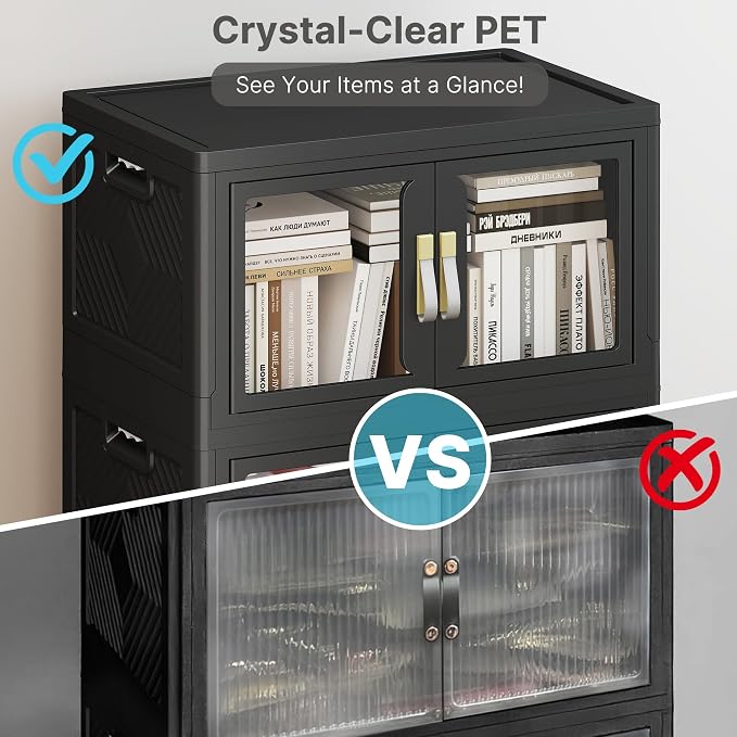 Stackable Storage Bins with Lids, 480QT Extra Large Storage Cabinet | Clear Doors, Foldable Storage Drawers, Heavy Duty, Collapsible Closet Organizers for Bedroom Office (3, Black, 180, Quarts)