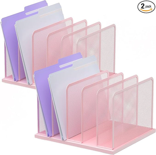 Kuntine.B 5-Section Upright Desk File Organizer Pink 2 Pack | Vertical, Mesh, Metal, Assembly, Stability, Sturdiness, Organization, Standing