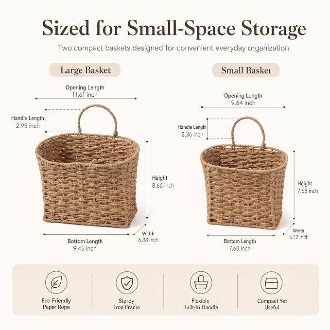 Coeusy Set of 2 Hanging Basket, Paper Rope Wall Basket for Flowers,Mail,Planters, Large Door Basket for Organizing,Storage,Home Decor,Natural