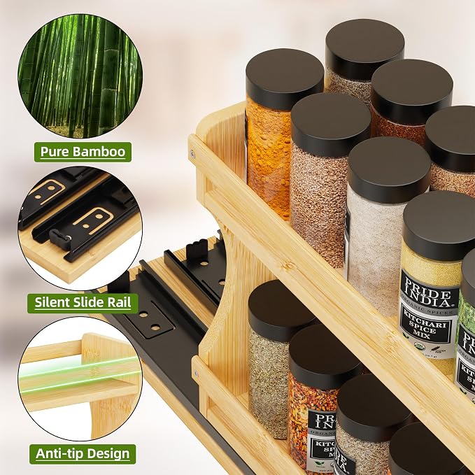 BAMEOS Pull Out Spice Rack Organizer for Cabinet, Bamboo Wide 4.2" Slide Out Seasoning Organizer for Kitchen, No Drill Anti-Tip Ball Bearing Silent Glides, Pantry Cabinet Organizer,Natural