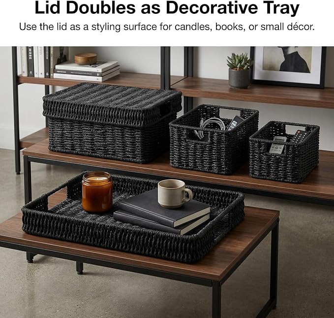 Wicker Storage Basket with Lid for Shelves, 3-Basket Set, Black | One rectangular wicker basket with lid and two open baskets for decorative shelf storage; removable lid flips into a tray.