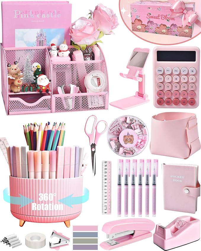 LXEVIHK 21Pcs Pink Desk Organizers and Accessories With Mesh Desk Organizer and 360°Rotating Pen Holder and a Lot of Office Pink Office Supplies Beautifully Presented in a Gift Box