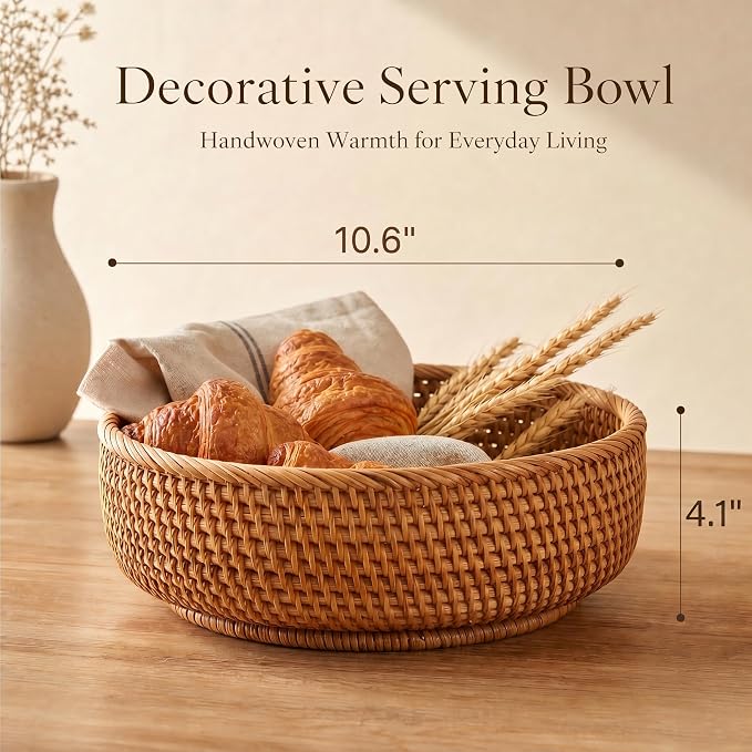 10.6" Large Round Rattan Bread Fruit Basket – Wicker Storage Basket Serving Bowl, Decorative Tabletop Food Basket for Kitchen Counters, Towel Organizer Dining Centerpieces Home Organization (L)