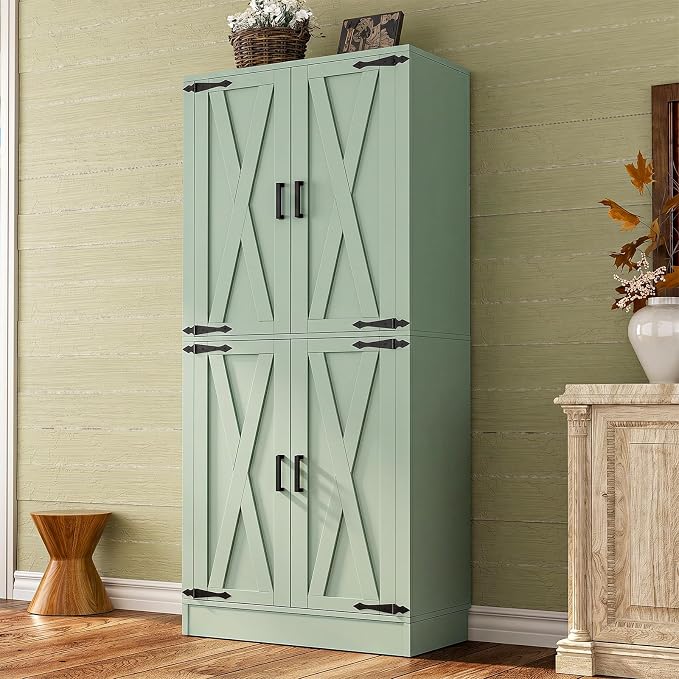 Unikito 71" Tall Kitchen Pantry Storage Cabinet with Farmhouse Barn Doors | Storage Drawer, 4 Adjustable Shelves, Freestanding Cupboard for Dining Room, Living Room, Utility Room, Green