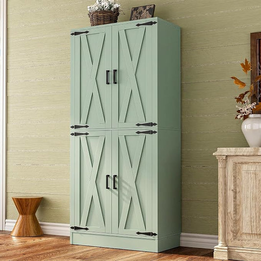 Unikito 71" Tall Kitchen Pantry Storage Cabinet with Farmhouse Barn Doors | Storage Drawer, 4 Adjustable Shelves, Freestanding Cupboard for Dining Room, Living Room, Utility Room, Green