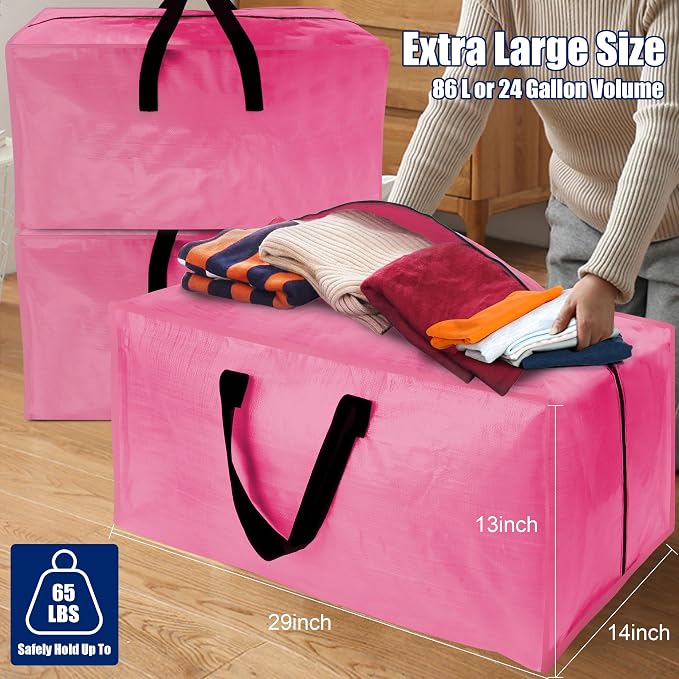 Cosy Family 8 Pack Heavy Duty Extra Large Moving Bags with Backpack Straps - Strong Handles & Zippers, Storage Totes For Space Saving, Fold Flat, Alternative to Moving Box, Pink