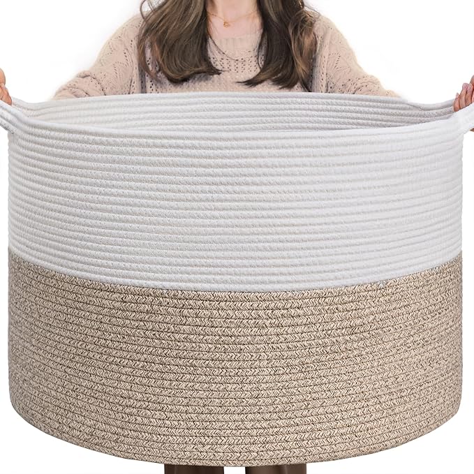 INDRESSME XXXLarge Woven Rope Blanket Basket Living Room Light Brown, 90L | 21.7" x 13.8" Storage baskets for toys laundry & pillows. Fits living room, bedroom or nursery décor. Soft-touch with handles