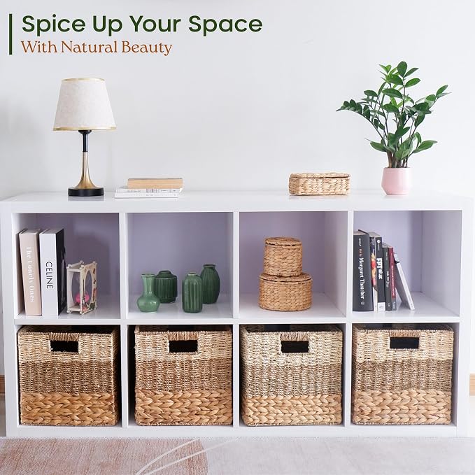 CHI AN HOME 12x12 Baskets for Cube Storage, Wicker Cube Storage Bins Set 4 | 12x12x12 Storage Bins, Foldable Square Baskets For Cube Shelves, Kallax Woven Bins, Versatile Storage, Natural Water Hyacinth