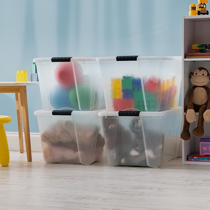 IRIS USA 4-Pack 54 Quart Storage Bins with Lids, Clear | Transparent design makes contents easy to find. Perfect for moving, blankets, clothing, and garage storage. Nestable design