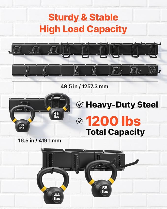 VEVOR Garage Tool Organizer 99 Inch 1200 lbs Wall Mount Garden Tool Rack, Heavy Duty Garage Hanging Storage Rack Organization with 6 Rails and 16 Adjustable Hooks, for Yard Tools, Shovel, Rake, Shed
