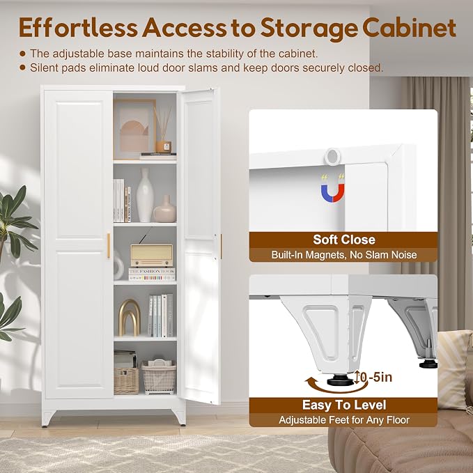 UNICOLY 75" Kitchen Pantry Cabinet,Metal Tall Storage Cabinet with Doors | Kitchen Storage Cabinets with 4 Shelves,Pantry Storage for Kitchens, Living Room, Dinning Room, Assembly Required, White