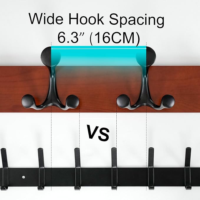 WEBI Coat Rack Wall Mount,24" Solid Wood Coat Hooks Wall Mounted Coat Hanger,16" Hole to Hole,Heavy Duty Hook Rack Rail,4 Triple Hooks for Hanging Coats,Jacket,Clothes,Hat,Backpack,Cherry
