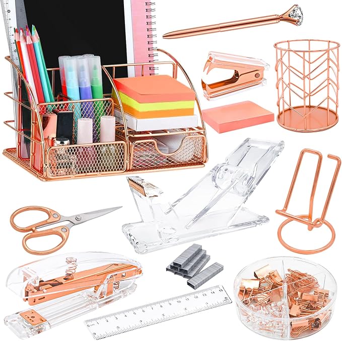 Rose Gold Desk Organizers and Accessories,Office Supplies Set,13PS Set with Acrylic Stapler,Tape Dispenser,Staple Remover,Pen Holder,Clips,Scissor, Phone Holder,Pen