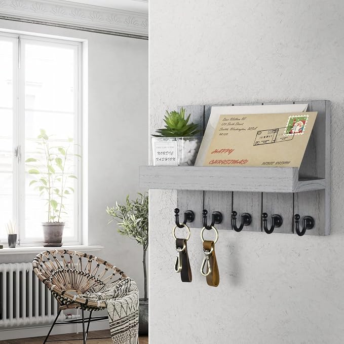Rebee Vision Key Holder Wall Mount with Shelf, Hooks for Home Decor, Gray | 3.54"D x 10"W x 7.28"H, 5 Modern Hooks, Pine Wood Key Holder for Wall, Mail Organizer, Farmhouse Decor, Apartment Essential