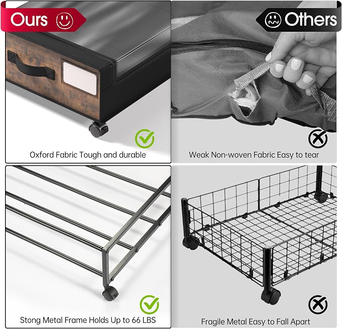 Yecaye Under Bed Storage with Wheels, 2Pack Under Bed Storage Containers, Underbed Shoe Storage Organizer, Rolling Under Bed Metal Drawers for Clothes, Blankets, Brown