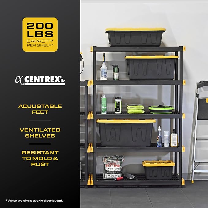 CX 5-Tier Heavy Duty Plastic Storage Shelves for Garage Organization | Freestanding garage utility rack with easy assembly, 5 shelves at 200lbs/Shelf, 72H x 48W x 20D, Black & Yellow, Made in USA