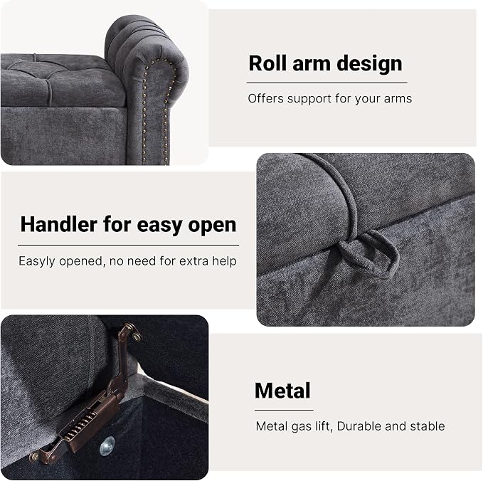 Storage Bed Bench for Bedroom, Chenille 67" End of Bed King Size Benches with Armrest, Tufted Button Upholstered Ottoman Bench for Living Room, Entryway, Dark Grey