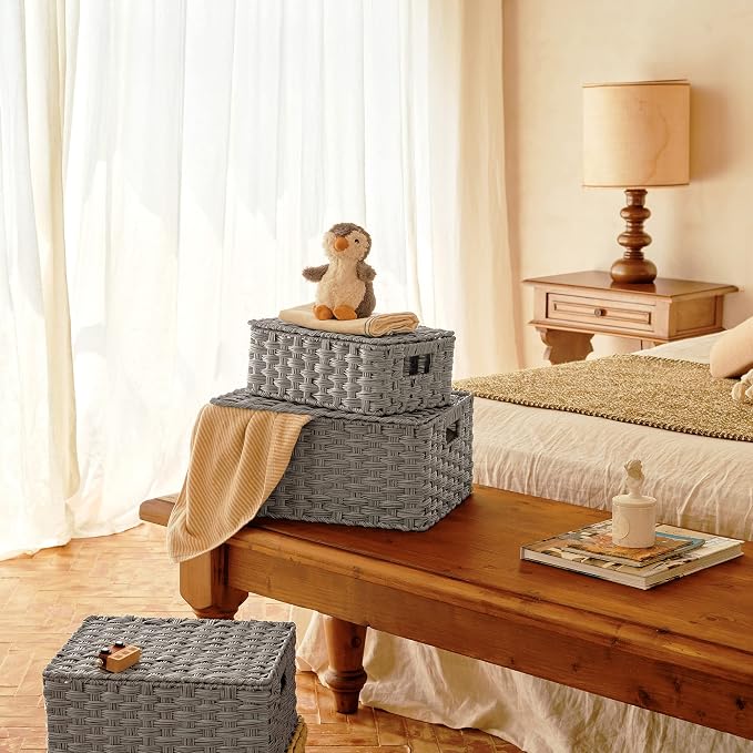 Granny Says Wicker Basket With Lid, Wicker Storage Baskets For Shelves | Woven Baskets With Lids, Wicker Baskets For Storage, Decorative Storage Boxes, Woven Stackable Basket with Lid for Organizing