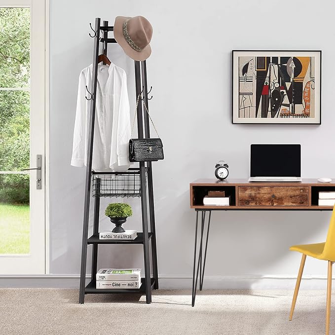 VECELO Coat Rack Freestanding,Hall Tree with Metal Basket and Storage Shelves,Industrial Coat Rack Stand with 8 Hooks for Hanging Coats/Hats/Bags/Umbrellas,18 x 18 x 72 In,Matte Black
