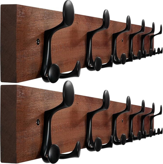 WEBI Coat Rack Wall Mount,36" Solid Wood Coat Hooks Wall Mounted Coat Hanger,16" Hole to Hole,Heavy Duty 6 Triple Hooks for Hanging Coats,Jacket,Hat,Backpack,Farmhouse,Reddish Brown,2 Packs