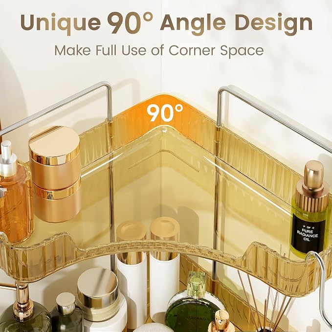 Corner Counter Organizer, 2 Tier Bathroom & Kitchen Storage Tray | PET Vanity Organizer Storage Countertop with Hooks for Skincare, Makeup & Jewelry, Gold