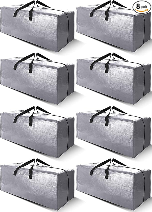 Cosy Family 8 Pack Heavy Duty Extra Large Moving Bags with Backpack Straps - Strong Handles & Zippers, Storage Totes For Space Saving, Fold Flat, Alternative to Moving Box (40 gal, Silver)