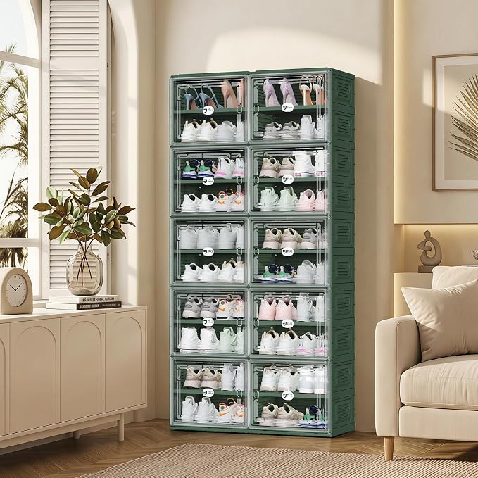 Foldable Shoe Cabinet with Magnetic Clear Doors, Wide Design Shoe Rack for Entryway, Portable Shoe Organizer Meeting Diverse Storage Needs (Green, 2Row 10Tier)