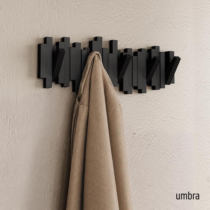 Umbra Sticks Wall Mount Coat Rack, 5 Hook Retractable Pegs, Black | Mounting hardware included, sculptural modern design, entryway or bedroom use, recycled plastic