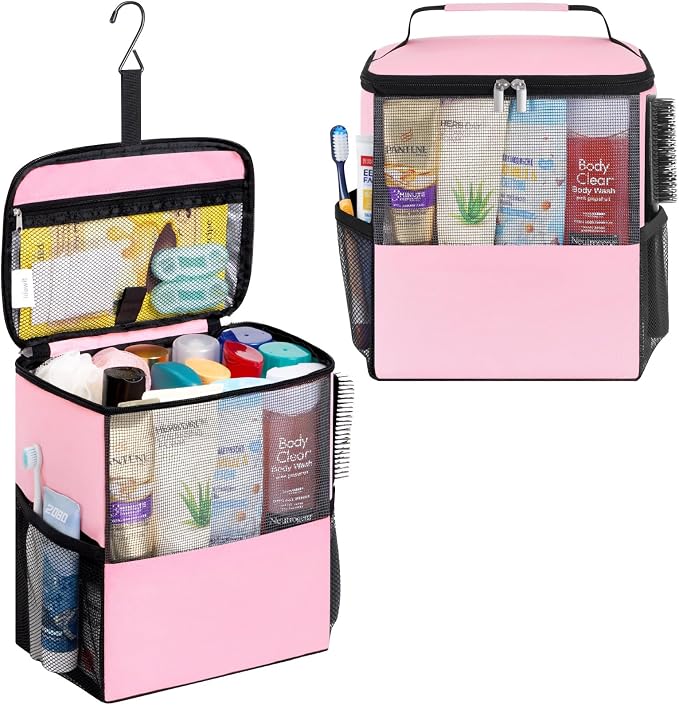 Lifewit Mesh Shower Caddy Bag Portable for College Dorm Room Essentials, Hanging Organizer Basket, Quick Dry Tote Bag for Camping, Bathroom, Beach, Travel, Large, Pink