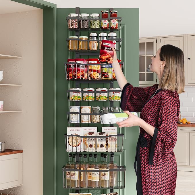 Eastherry Over The Door Organizer，8-Tier Over The Door Pantry Organizer with Adjustable Baskets，Metal Hanging Pantry Organizers and Storage for Kitchen, Back of Door Seasoning Rack (Black)