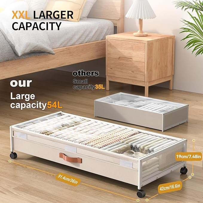 Under Bed Storage Containers with Wheels Large Underbed Shoes Blankets Clothes Toy Storage Drawers for College Dorms Bedrooms Nursery Rooms Organization (White 2 Pack, 7.5in height(36"x16.6"x7.48"))