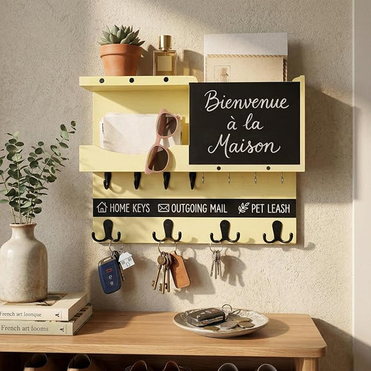Key Holder for Wall Mount with Shelf and Mail Organizer, Key and Mail Holder with 16 Hooks, Farmhouse Entryway Organizer, Home Decor Rack(Pine Wood,Ivory Yellow)